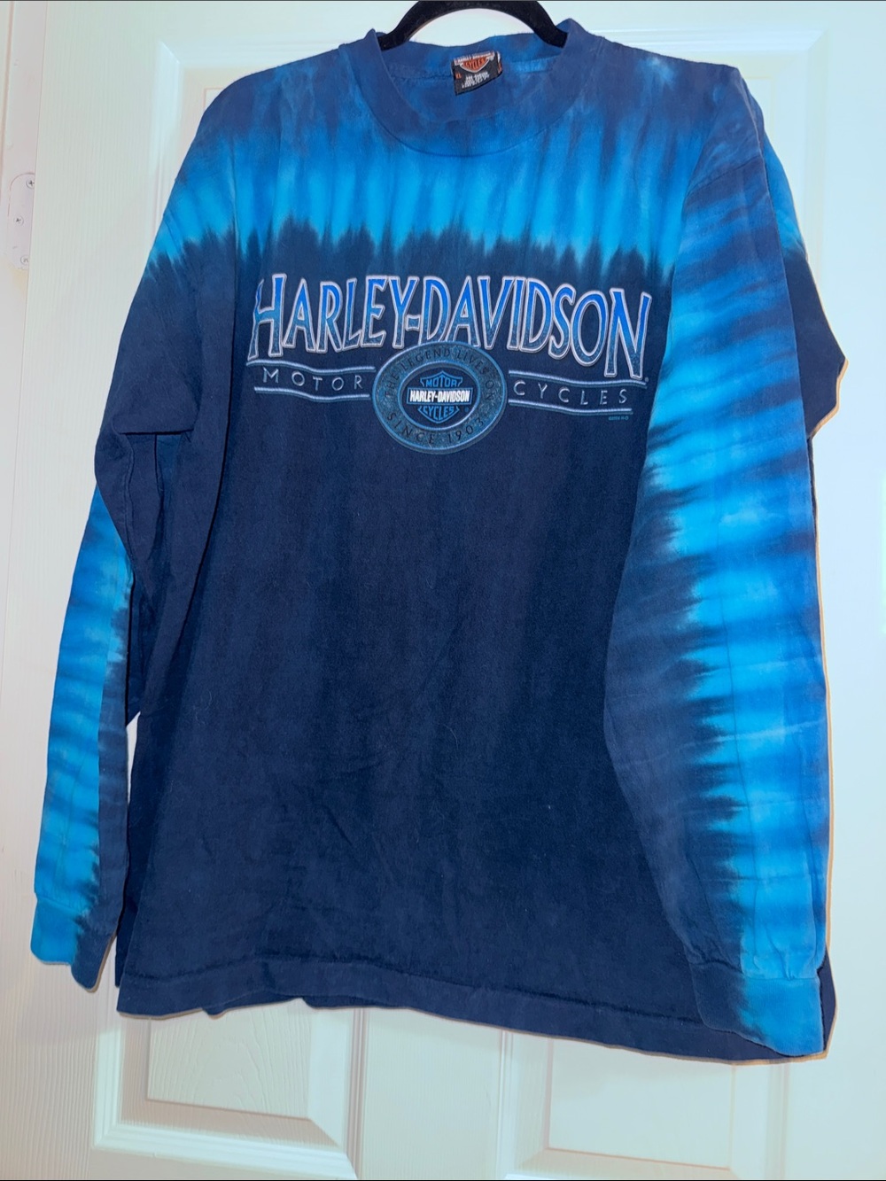 90s vintage Harley-Davidson Navy & Bright Blue Tie-Dye Long Sleeve Tee -Mesa, AZ